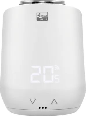 A white smart radiator thermostat with a digital display showing the temperature.