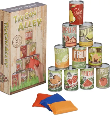 Produktbild von Relaxdays Dosenwerfen für Kinder, Büchsenwerfen Garten, 10 Blechdosen & 3 Säcke, Wurfspiel für Kindergeburtstage, bunt