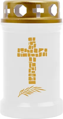 Produktbild von Grabkerze Weiß ( Druck Gold ), Brenndauer: 40 Stunden, Motiv: Kreuz