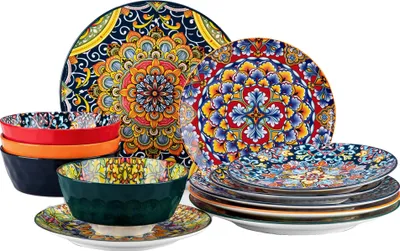 Zdjęcie produktu dla Ceramiczny zestaw stołowy, żywy kwiatowy wzór, trwały i bezołowiowy, 01 mieszane kolory, 12 sztuk