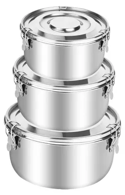 Produktbild von Edelstahl Behälter 3 Pack,304 Edelstahl Brotdose (500ml/1000ml/1500ml) Erwachsenen Lebensmittelbehälter Brotdose  Auslaufsicher Edelstahl Dose