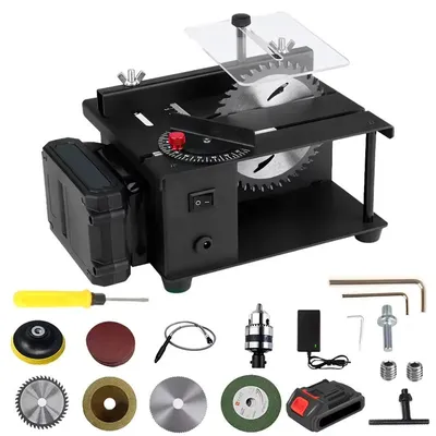 Immagine prodotto di Mini sega circolare da banco a batteria - per taglio del legno - 23000 giri/min - profondità di taglio di 35 mm - angolo regolabile - portatile - con 1 batteria