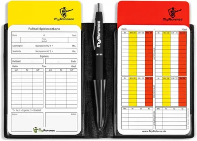 Produktbild von Schiedsrichter Mini Fußball Set, rote und gelbe Karten, 2 Spielnotizkarten, Stift, leichtes Kunstleder
