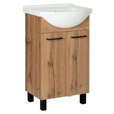 Immagine prodotto di Set di mobili da bagno VBChome 46x86x37 cm con lavabo in Vetroceramica e mobile sottolavabo con anta – Montaggio flessibile, design in nero e laminato effetto legno