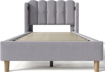 Produktbild von Flieks Polsterbett 90x200cm mit USB und Typ C, Jugendbett Kinderbett mit Lattenrost, Einzelbett Holzbett Klassische Betten, Leinen, Grau