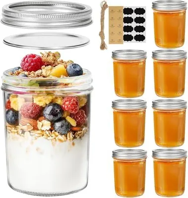 Produktbild von ComSaf 470ml Einmachgläser mit Schraubdeckel 8er aus Klarglas Etiketten Marmeladengläser Perfekt für Hausgemachte Gewürze, Gelee, Marmelade Fermentationsglas Mason jar mit Deckel