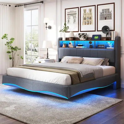 Produktbild von Modernes abgehängtes Polsterbett aus Leinen, 160×200cm Stauraumbett mit LED-Licht, USB- und TYPE-C-Schnittstelle, Grau, praktisch &  für Schlafzimmer