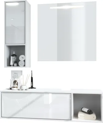 Produktbild von Vladon Badmöbel Komplettset La Costa,  Germany, Korpus in Weiß matt / Fronten in Weiß Hochglanz, mit LED Spiegel