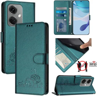 Produktbild von Leder Hülle für OnePlus Nord CE3 Süße Katze Flip Case Brieftasche Schutzhülle mit Standfunktion Grün