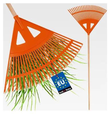 Produktbild von Laubrechen aus Kunststoff - 58 cm - mit Stiel - Laubbesen - Laubharke - Gartenrechen - Fächerbesen für Herbstlaub und Heckenschnitt - Orange