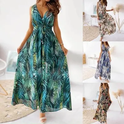 Produktbild von Damen-Sommerkleid als langes florales Maxikleid mit V-Ausschnitt, ärmellosem Neckholder-Design für Strand, Freizeit und Party