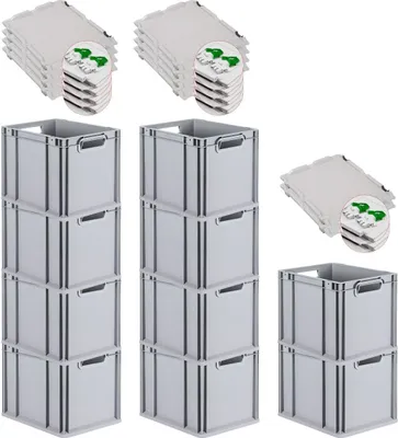 Produktbild von SuperSparSet 10x Eurobox NextGen Economy mit Scharnierdeckel und grünen Schiebeschnappverschlüssen | Griffe offen | HxBxT 32x30x40cm | 30 Liter | Eurobehälter, Transportbox, Transportbehälter, Stapelbehälter