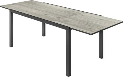 Zdjęcie produktu dla Stół ogrodowy rozkładany stół do jadalni dla 6-8 osób, aluminiowy stół balkonowy 160/240 x 90 cm o wyglądzie drewna, odporny na warunki atmosferyczne stół tarasowy, stół bufetowy na zewnątrz do ogrodu, tarasu, balkonu, szary