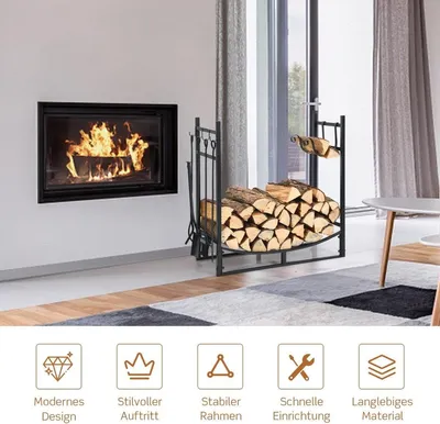 Productafbeelding van Robuust metalen houtopslagrek en gereedschapshouder, houtrek met schop, 76x33x76 cm, zwart