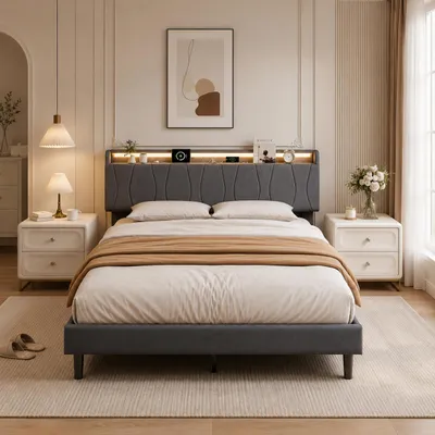Image de Lit rembourré INONEFT, 140x200 cm, avec éclairage LED, ports Type-C et USB, lits simples avec espace de rangement dans la tête de lit, lit pour adolescents avec sommier à lattes, couleur grise, Image générée par une IA