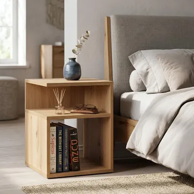 Produktbild von Krok Wood LORA Nachttisch Artisan-Eiche, Nachtkommode aus laminierter Spanplatte mit 2 offenen Fächern, Beistelltisch für Schlafzimmer und Wohnzimmer,