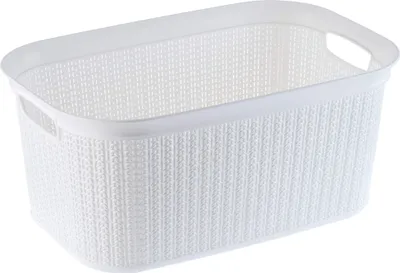 A white laundry basket with handles, shown from a slightly elevated side angle against a white background.
