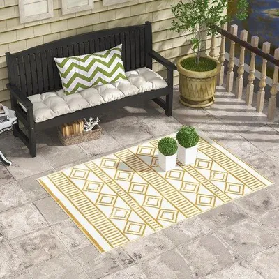 Productafbeelding van Famanu buitenkleed met geometrisch patroon - 121 x 182 cm, bruin en crème
