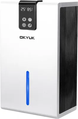 A white dehumidifier with a black grille on the side, a digital display, and a blue indicator light.