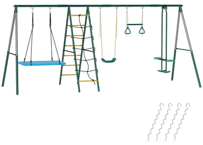 Produktbild von 5-in-1 Schaukelgestell mit verstellbarer Nestschaukel Turnringe Doppelsitzer Klettergerüst für 3-8 Jahre 440x175x203 cm