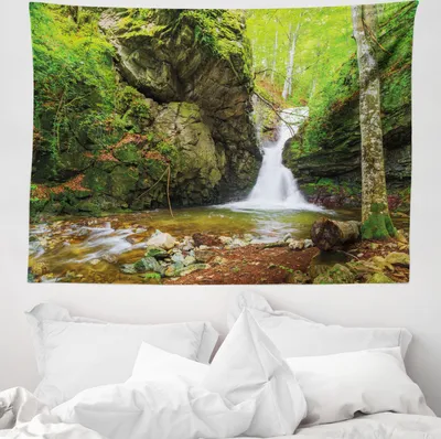 Produktbild von ABAKUHAUS Landschaft Wandteppich, Frühling Wasserfall Natur aus Weiches Mikrofaser Stoff Waschbar ohne Verblassen Digitaldruck, 150 x 110 cm, Grün und Weiß