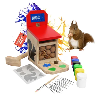 Produktbild von Eli® Eichhörnchen Futterhaus Bausatz für Kinder aus Kiefernholz zum Bemalen – inkl. 6 Farben - Pinsel - Hammer - Schraubendreher - Nägel - Schablonen