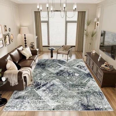 Imagen del producto de Alfombra Unyqoos® de 200 x 300 cm – suave y lavable, 10 mm de poliéster, color azul verdoso, diseño geométrico vintage, base antideslizante de TPR, ideal para salones y dormitorios