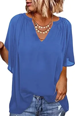 Produktbild von ASKSA Damen Elegant Hemd Rüsche Casual Shirt V-Ausschnitt Lose Tunika 3/4 Glockenärmel Einfarbig Bluse, Blau, XXL