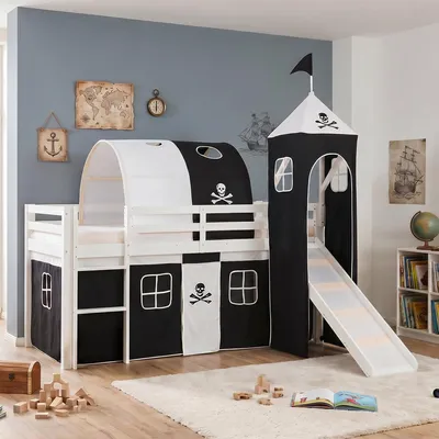 Produktbild von Homestyle4u Hochbett 90x200 Kinder mit Rutsche mit Lattenrost Turm Tunnel Vorhang Pirat Junge Schwarz Kinderbett Weiß Holz Spielbett Rausfallschutz