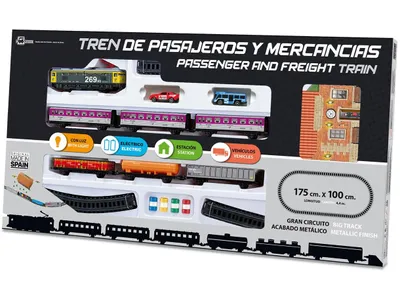 Image de Double train électrique, voyageurs et marchandises, avec éclairage et gare