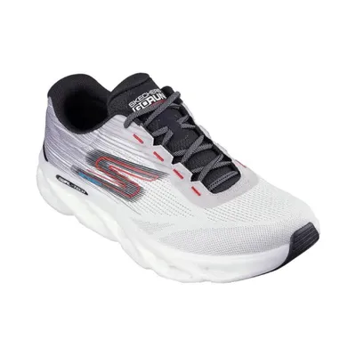 A single white athletic shoe with gray and red accents is shown against a white background.