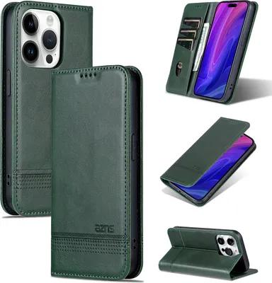 Immagine prodotto di Custodia in pelle per iPhone 15 Pro, custodia pieghevole a portafoglio con chiusura magnetica e supporto verde