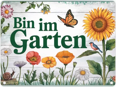Produktbild von Bin im Garten Metallschild in 15x20 cm mit Schmetterling und Blumen