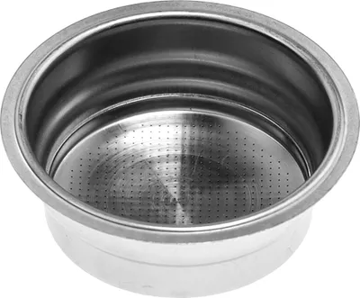 A close-up, top-down view of a stainless steel espresso machine filter basket.