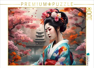 Produktbild von CALVENDO Puzzle Geisha im Frühling mit Tempel im Hintergrund | 1000 Teile Lege-Größe 64x48cm Foto-Puzzle für glückliche Stunden