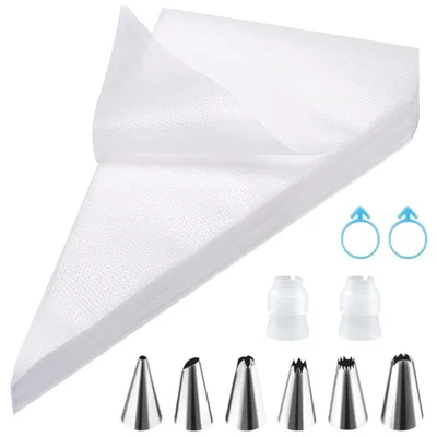 Productafbeelding van Spuitzakken, wegwerp, 100 stuks, 20x30 cm, met 6 spuitmondjes en 2 decoratiemondjes