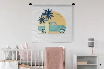 Produktbild von MuchoWow® Wandteppich Wandbehang Bus - Sonne - Surfbrett - Palme 90x90 cm Tapisserie Dekoration Wandtuch - Wandaufhänger