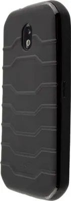 A black protective case for a smartphone is shown from a side angle against a white background.