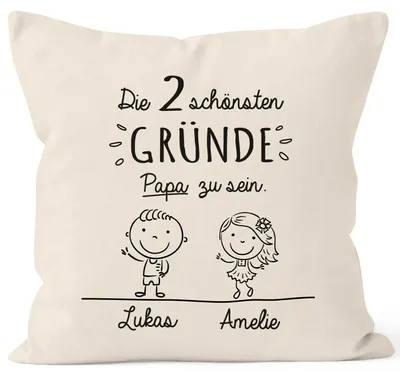Produktbild von Kissen-Bezug Spruch die 2 schönsten Gründe Papa zu sein und Wunschnamen Kissen-Hülle Baumwolle personalisierte Geschenke SpecialMe® natur unisize