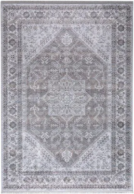 Image de Tapis vintage lavable Unyqoos® 160x230 cm – Poils courts, 100% polyester, gris et beige, envers antidérapant, facile d'entretien, STANDARD 100 par OEKO-TEX