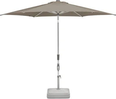 A light taupe patio umbrella with a gray pole and base, shown against a white background.