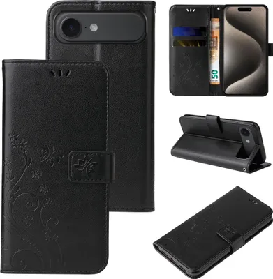 Produktbild von Handyhülle für Apple iPhone 17 Air Floral Blumen Schmetterling Flip Cover Hülle Case Klapphülle Handytasche Farbe: Schwarz