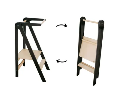 A product image showing a foldable learning tower in two different states: unfolded and folded.