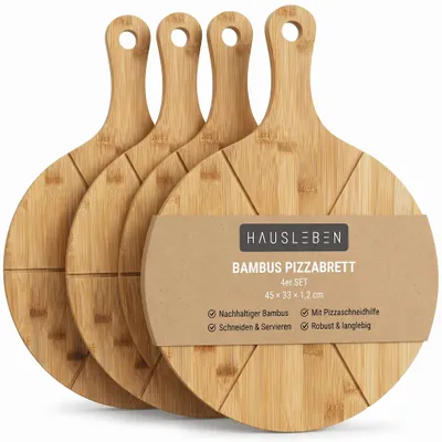 Produktbild von hausleben Pizzabrett 33 cm Bambus 4er Set – Rundes Schneidebrett mit Griff und Schneiderillen – Holz Pizzateller für Flammkuchen, Holzteller Servierbrett für Pizza, Leicht zu Reinigen, KI-generiertes Bild