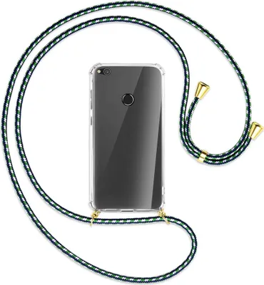 Produktbild von Handykette Backcover-Schutzhülle mit Band (Metall goldfarben) für Huawei P8 Lite / P9 Lite 2017 - grün/blau/weiß