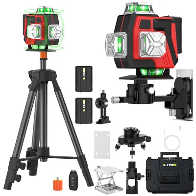 Produktbild von Laser-Nivelliergerät - 16-Linien-Kreuzlinienlaser - 360° Horizontal & Vertikal - Selbstnivellierend - Grüner Laser - Fernbedienung - 1,2-m-Stativ - 2 Akkus