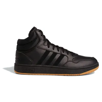 A black Adidas Hoops 3.0 Mid sneaker with a gum sole is shown against a white background.