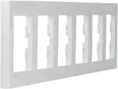 A white, six-gang horizontal light switch frame.