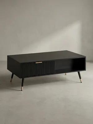 Produktbild von Couchtisch 110x60x43 cm Schwarz mit Eiche-Nachbildung Wohnzimmertisch, Sofatisch Rechteckig mit Stauraum, Kaffeetisch mit Schubladen, Tisch Wohnzimmer mit Metallbeine