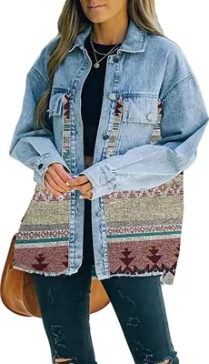 Produktbild von ASKSA Damen Jeansjacke Revers Langarm Vintage Button Down Oversize Boyfriend Cardigan Print Hemdjacke, Grün, L